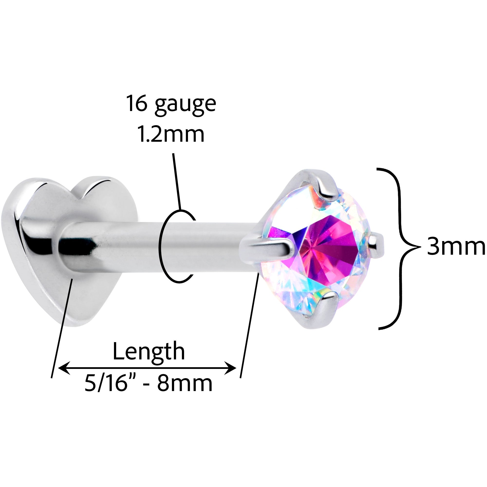 16G 5/16 Aurora CZ Implant Grade Titanium Threadless Reversible Heart Flatback Stud