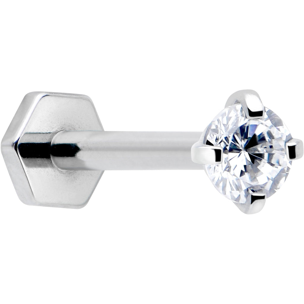 16G 5/16 Clear Gem Implant Grade Titanium Threadless Reversible Hex Flatback Stud