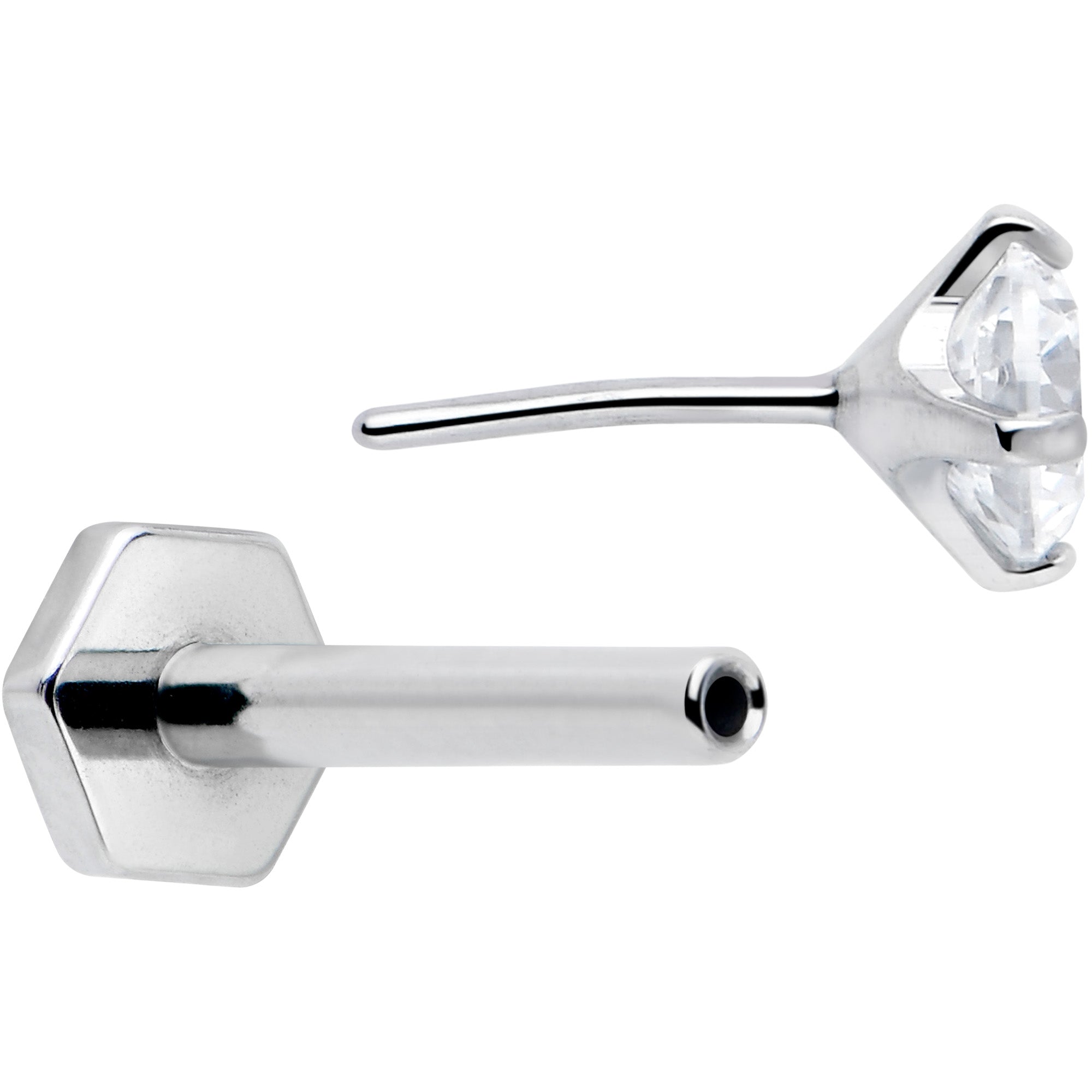 16G 5/16 Clear Gem Implant Grade Titanium Threadless Reversible Hex Flatback Stud