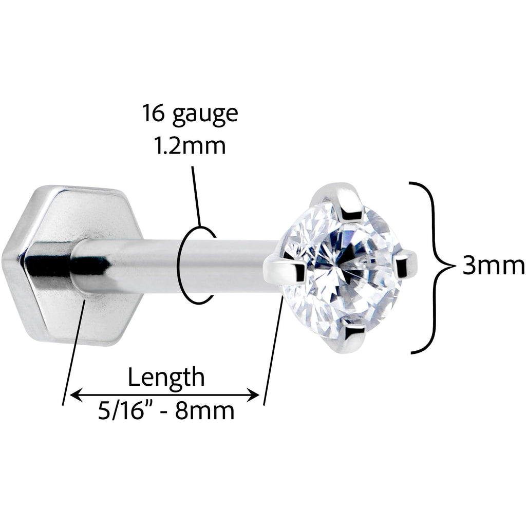 16G 5/16 Clear Gem Implant Grade Titanium Threadless Reversible Hex Flatback Stud