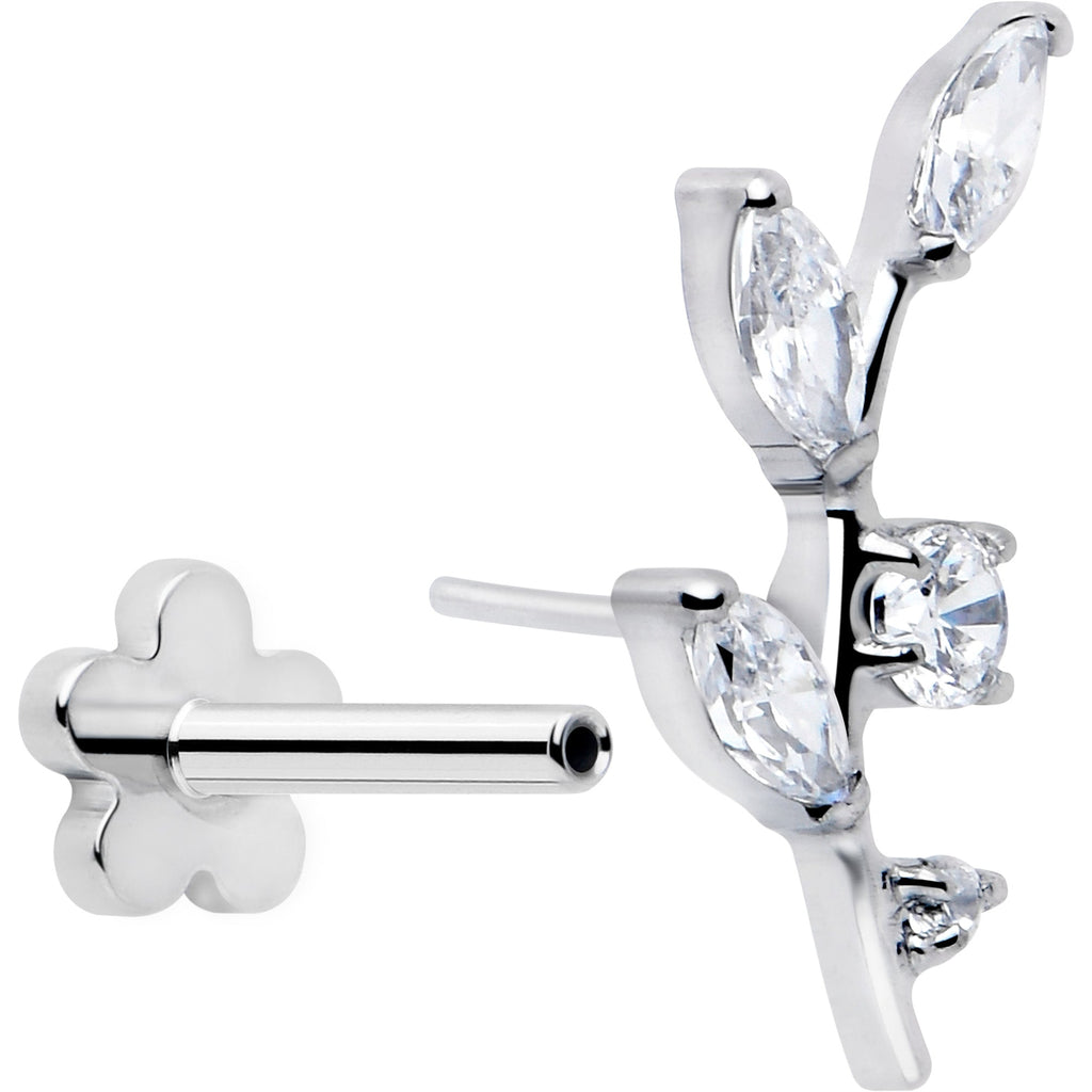 18G 1/4 Clear Gem Implant Grade Titanium Leaves Threadless Flatback Stud