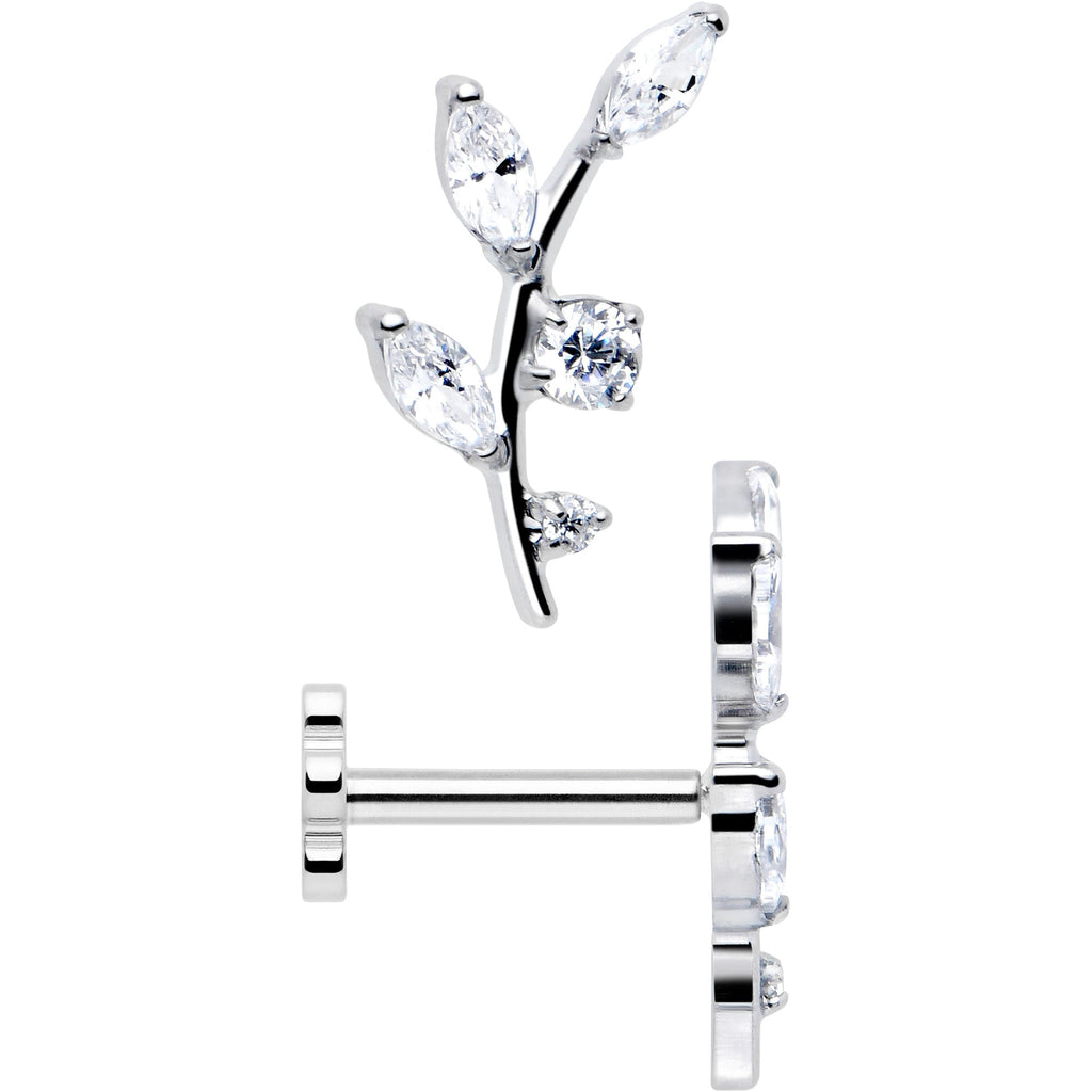 18G 1/4 Clear Gem Implant Grade Titanium Leaves Threadless Flatback Stud