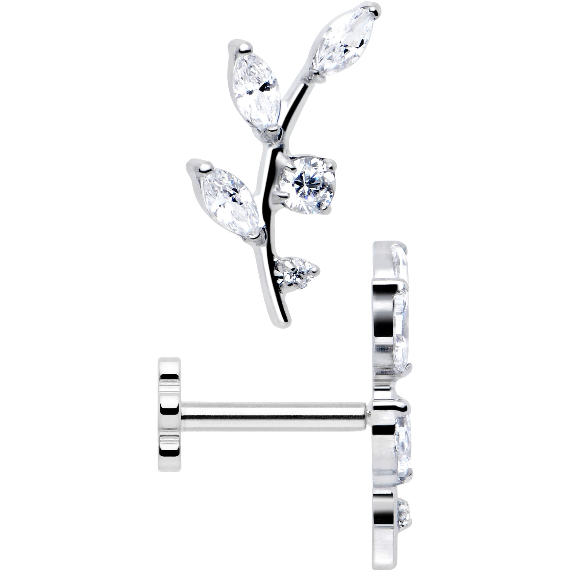 18G 1/4 Clear Gem Implant Grade Titanium Leaves Threadless Flatback Stud
