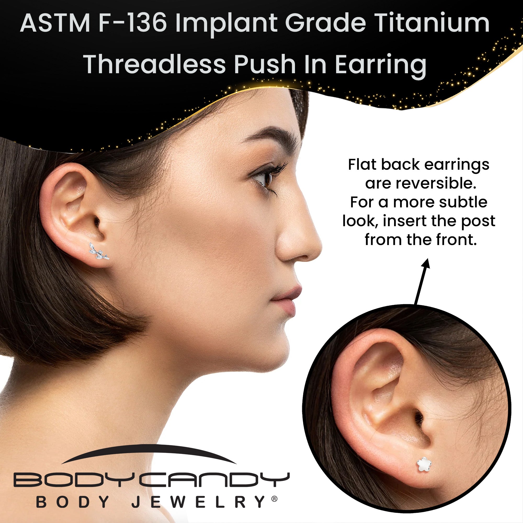 18G 1/4 Clear Gem Implant Grade Titanium Leaves Threadless Flatback Stud