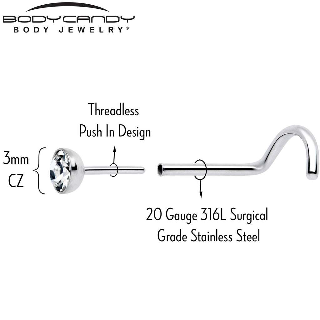 20G 3mm CZ Bezel Set Push-In Threadless Nose Screw Nose Ring