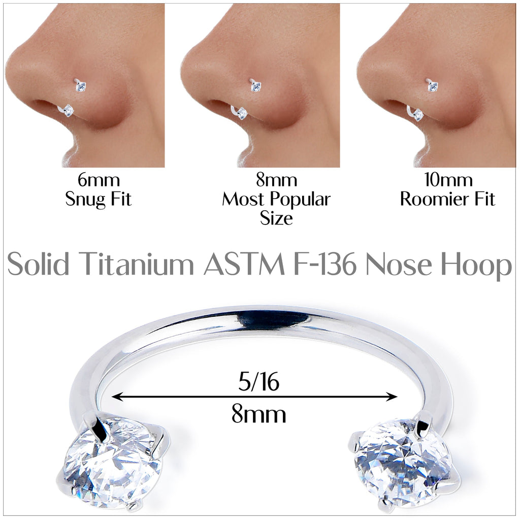 Double Gem Titanium Horseshoe Nose Ring -  Internally Threaded Solid Titanium CZ Horseshoe Nose Hoop