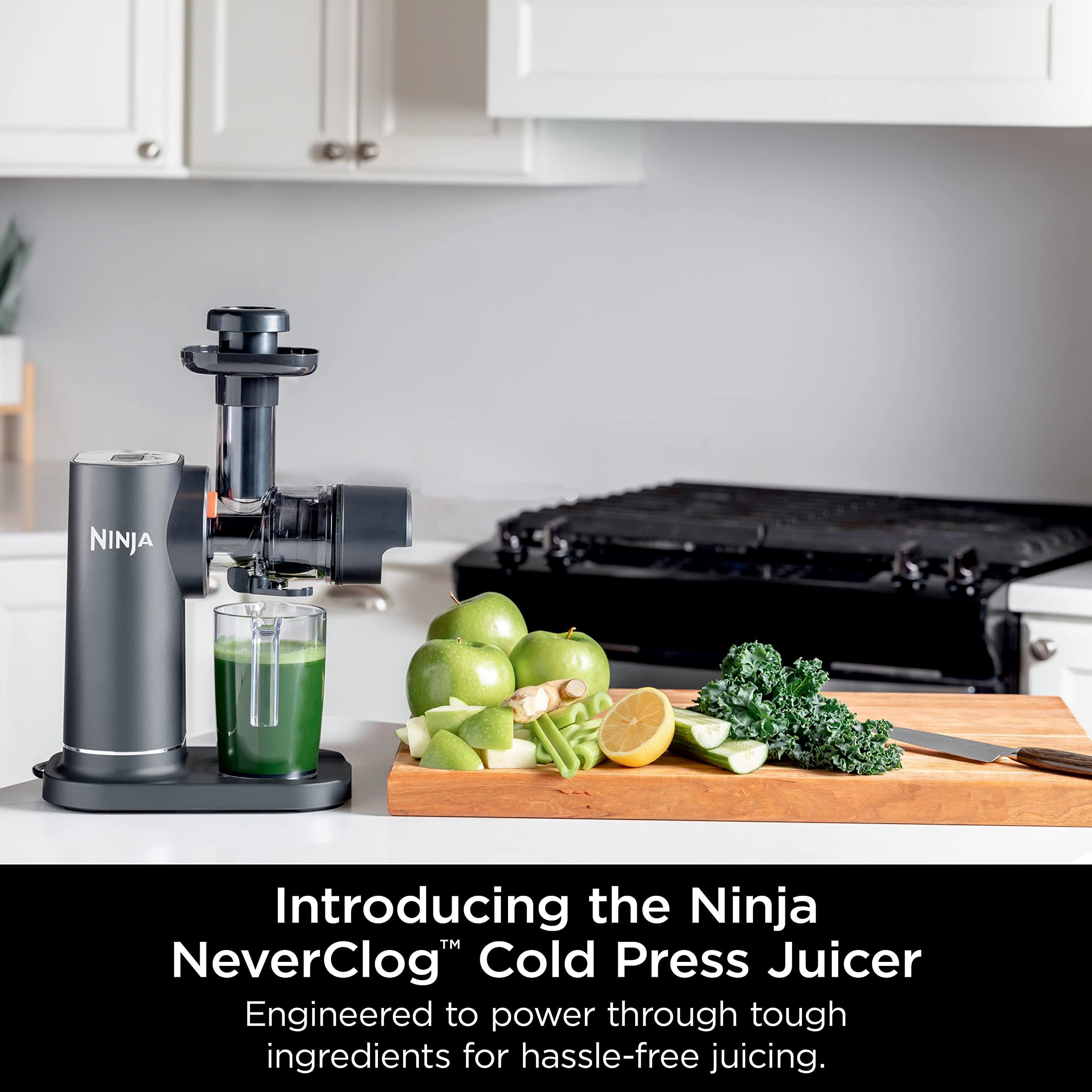 Ninja NeverClog Cold Press Juicer | Powerful Electric Slow Masticating Juicer with Pulp Control | XL Capacity | 24 oz. Juice Jug & 36 oz. Pulp Container | Dishwasher Safe | Charcoal | 150W | JC151