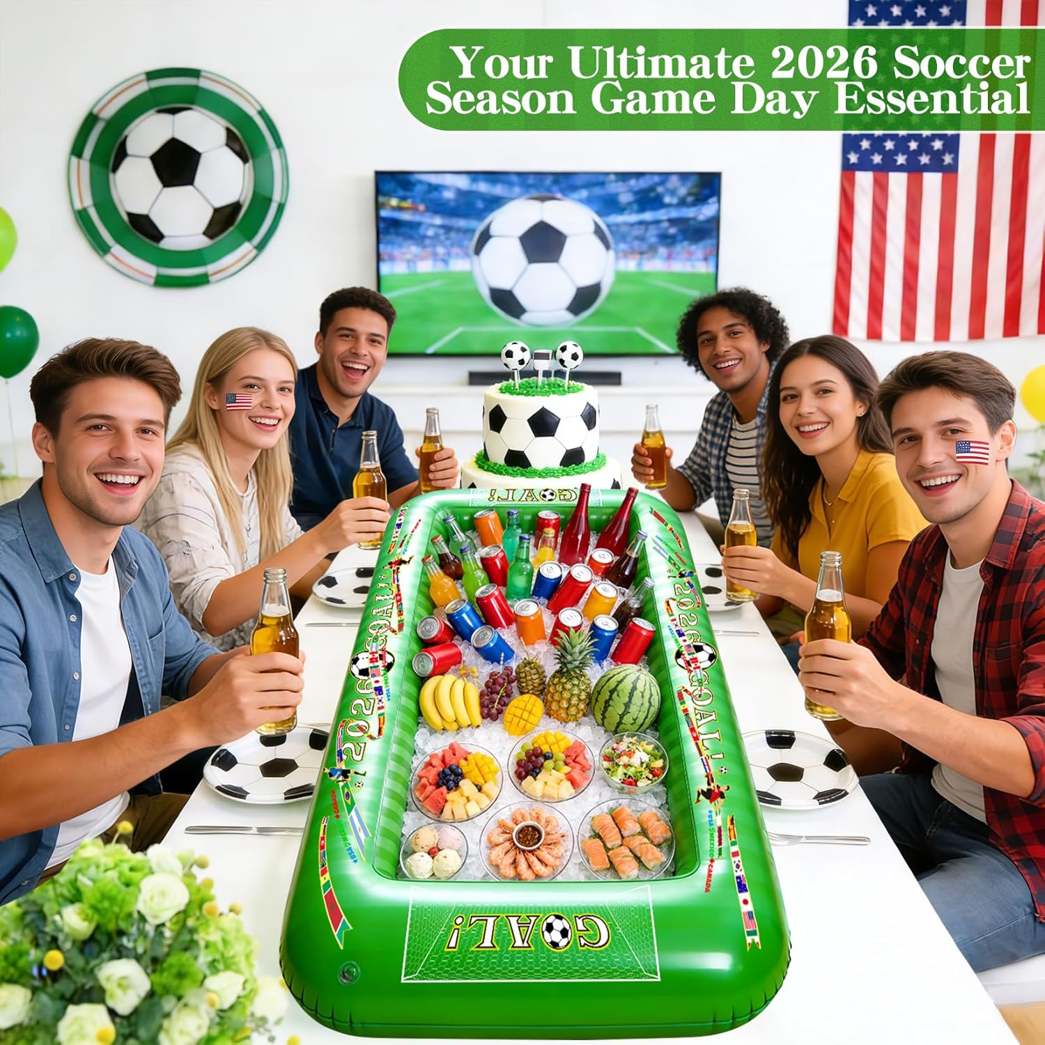 2026 Soccer Party Inflatable Serving Bar | 53" Large Floating Pool Cooler & Buffet Tray for Drinks Food | Outdoor Game Day Decorations, PortableTailgating & Birthday Supplies