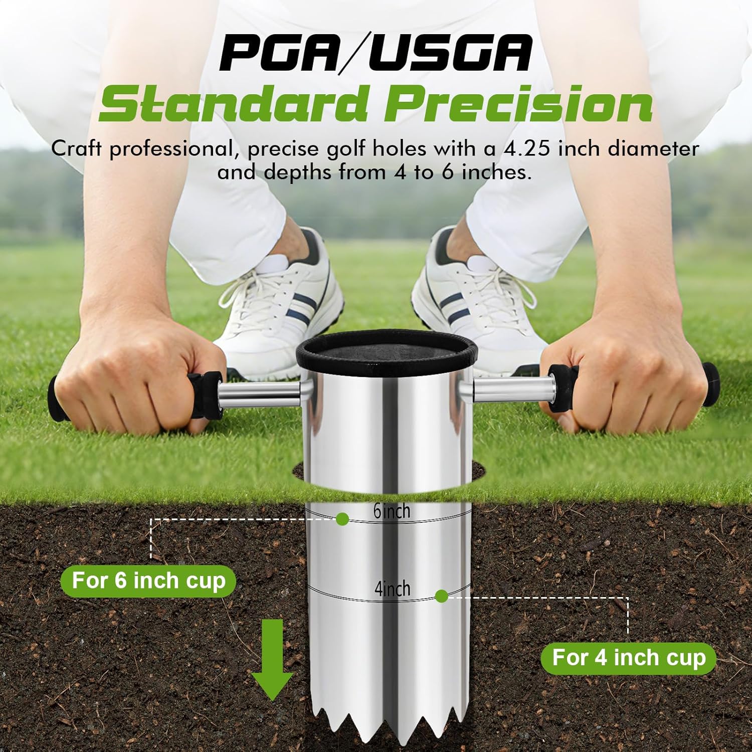 Portable Golf Hole Cutter 4" & 6" Golf Cup Digger, USGA-Standard Detachable Handle Stainless Steel Hole Digger for Backyard, Garden & Outdoor Golf Putting