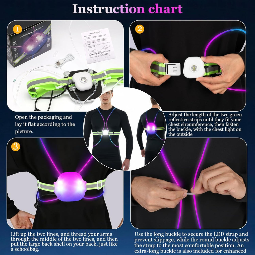 Reflective Running Vest:Rechargeable LED Running Gear with 3 Modes & 7 Colors, Adjustable Running Lights for Runners, Reflective Safety Vest for Night Running, Cycling, Walking,Hiking