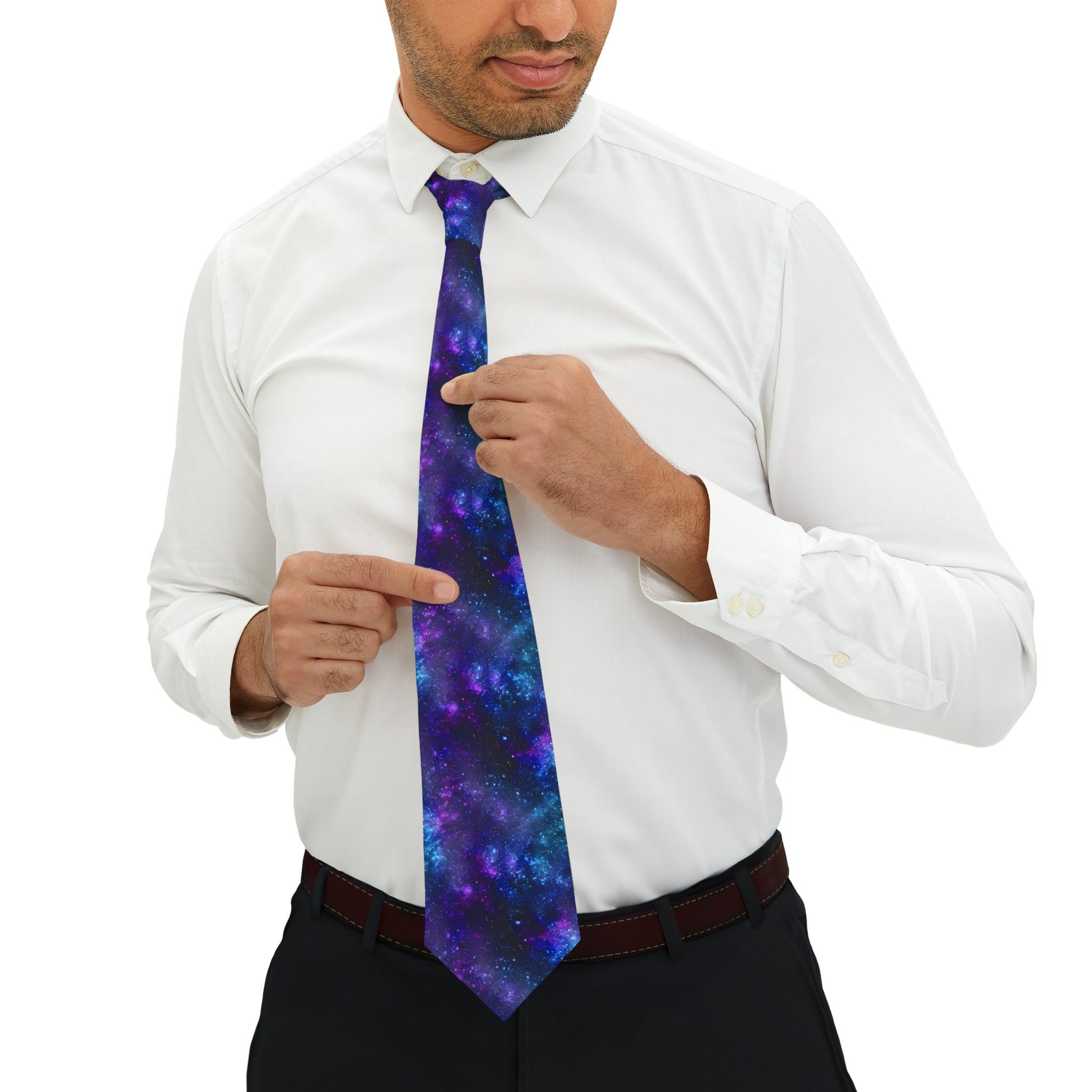 "DirkyThreadz Galactic Elegance Necktie - Vibrant Galaxy Design in Blues and Purples"