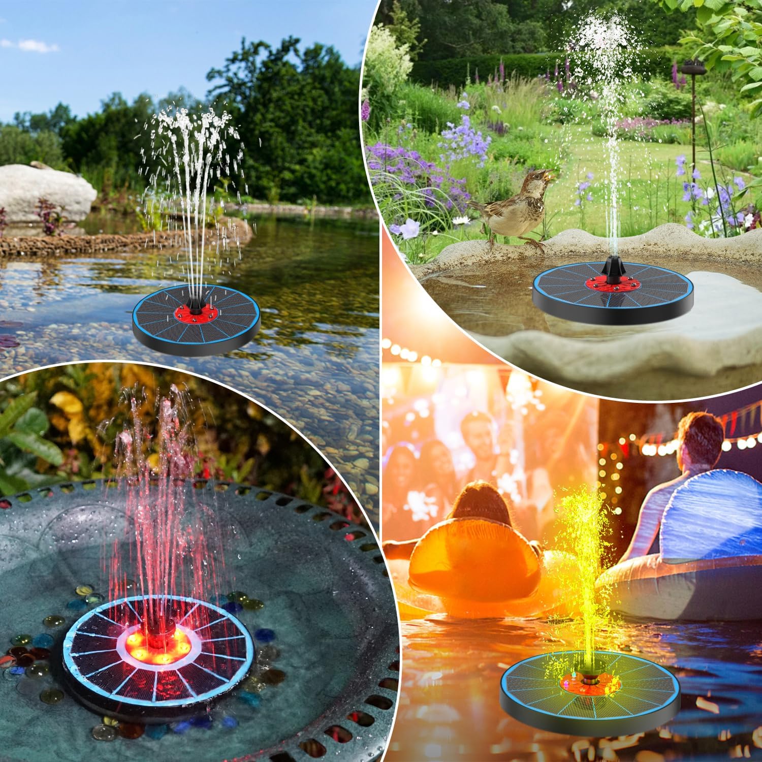 Solar Bird Bath Fountain,Upgrade 3.5W Glass Panel Solar Fountain with 2200mAh Backup Battery, Colorful LED Lights,8 Spray Mode, 4 Fixed Rods for Garden, Pond, Pool,Patio Outdoor Water Feature
