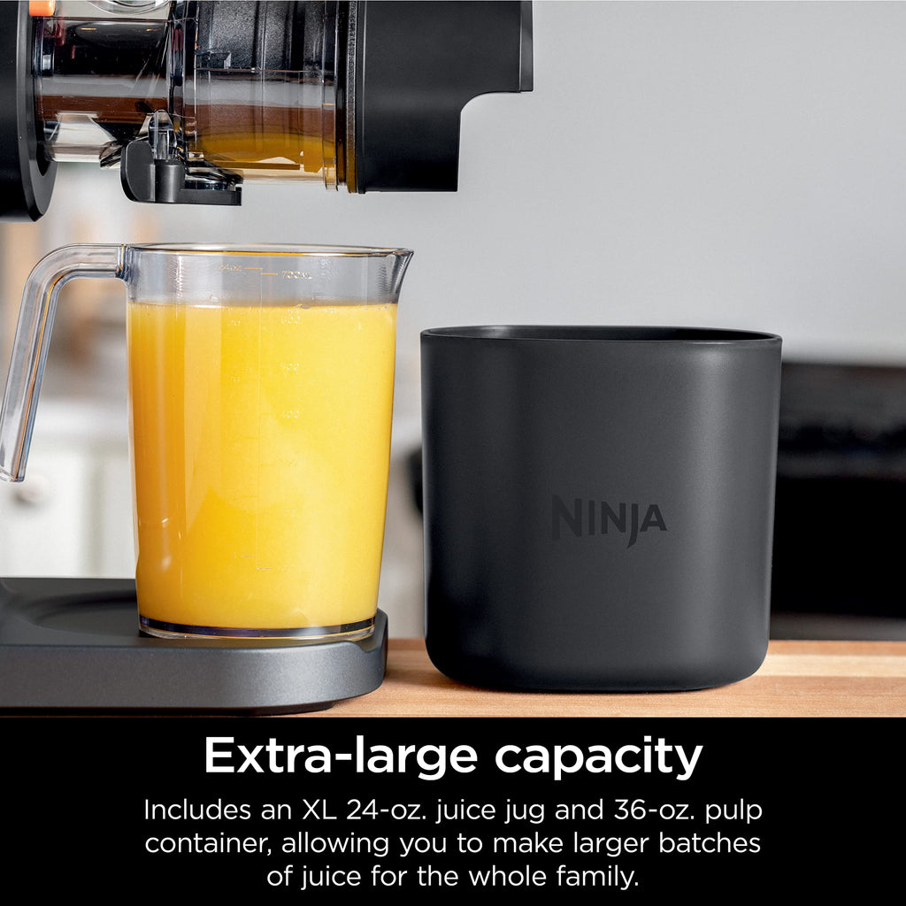 Ninja NeverClog Cold Press Juicer | Powerful Electric Slow Masticating Juicer with Pulp Control | XL Capacity | 24 oz. Juice Jug & 36 oz. Pulp Container | Dishwasher Safe | Charcoal | 150W | JC151