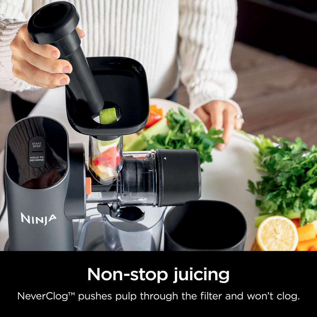 Ninja NeverClog Cold Press Juicer | Powerful Electric Slow Masticating Juicer with Pulp Control | XL Capacity | 24 oz. Juice Jug & 36 oz. Pulp Container | Dishwasher Safe | Charcoal | 150W | JC151