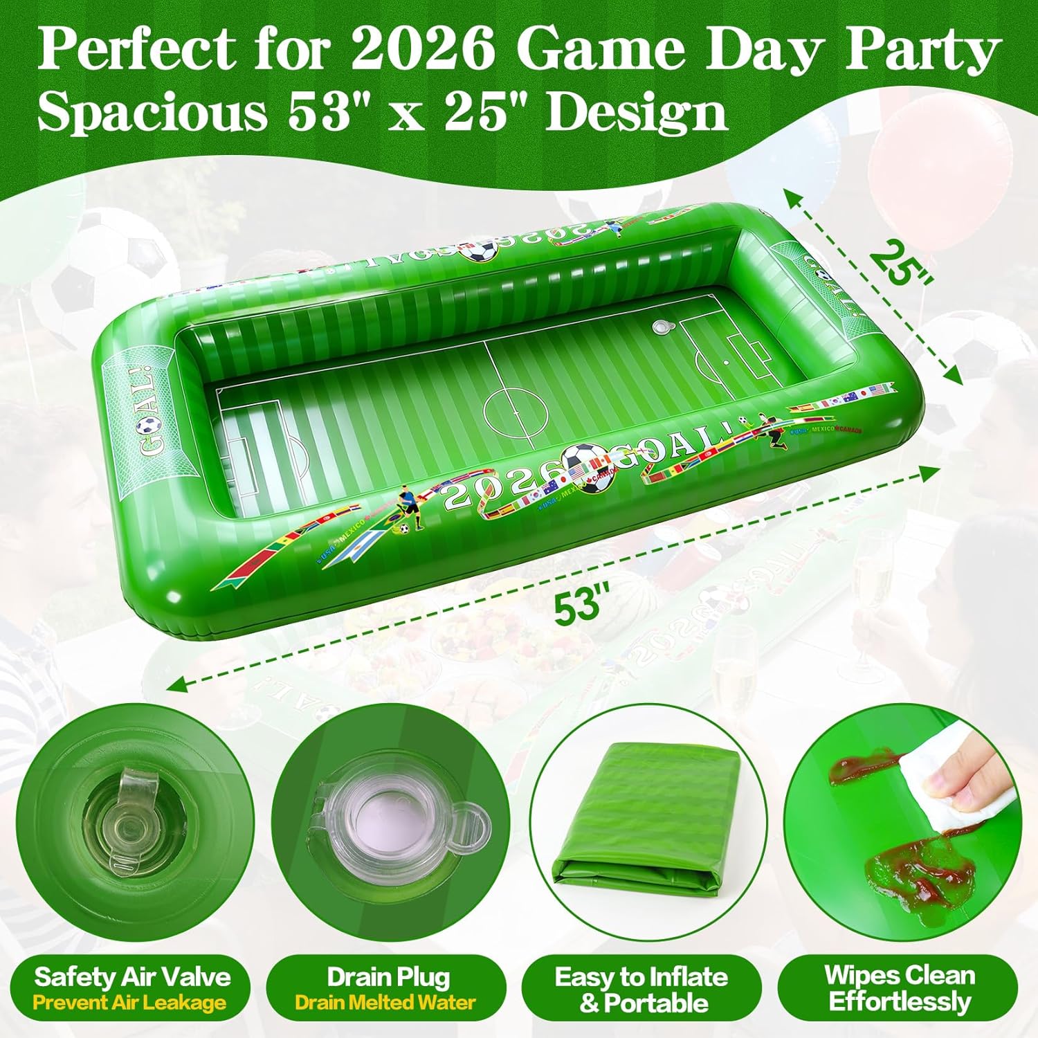 2026 Soccer Party Inflatable Serving Bar | 53" Large Floating Pool Cooler & Buffet Tray for Drinks Food | Outdoor Game Day Decorations, PortableTailgating & Birthday Supplies