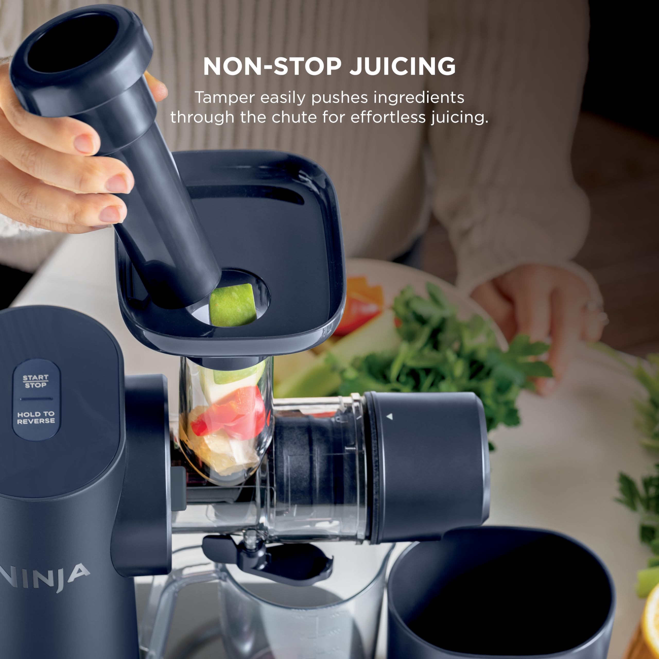 Ninja NeverClog Cold Press Juicer | Powerful Electric Slow Masticating Juicer with Pulp Control | XL Capacity | 24 oz. Juice Jug & 36 oz. Pulp Container | Dishwasher Safe | Charcoal | 150W | JC151