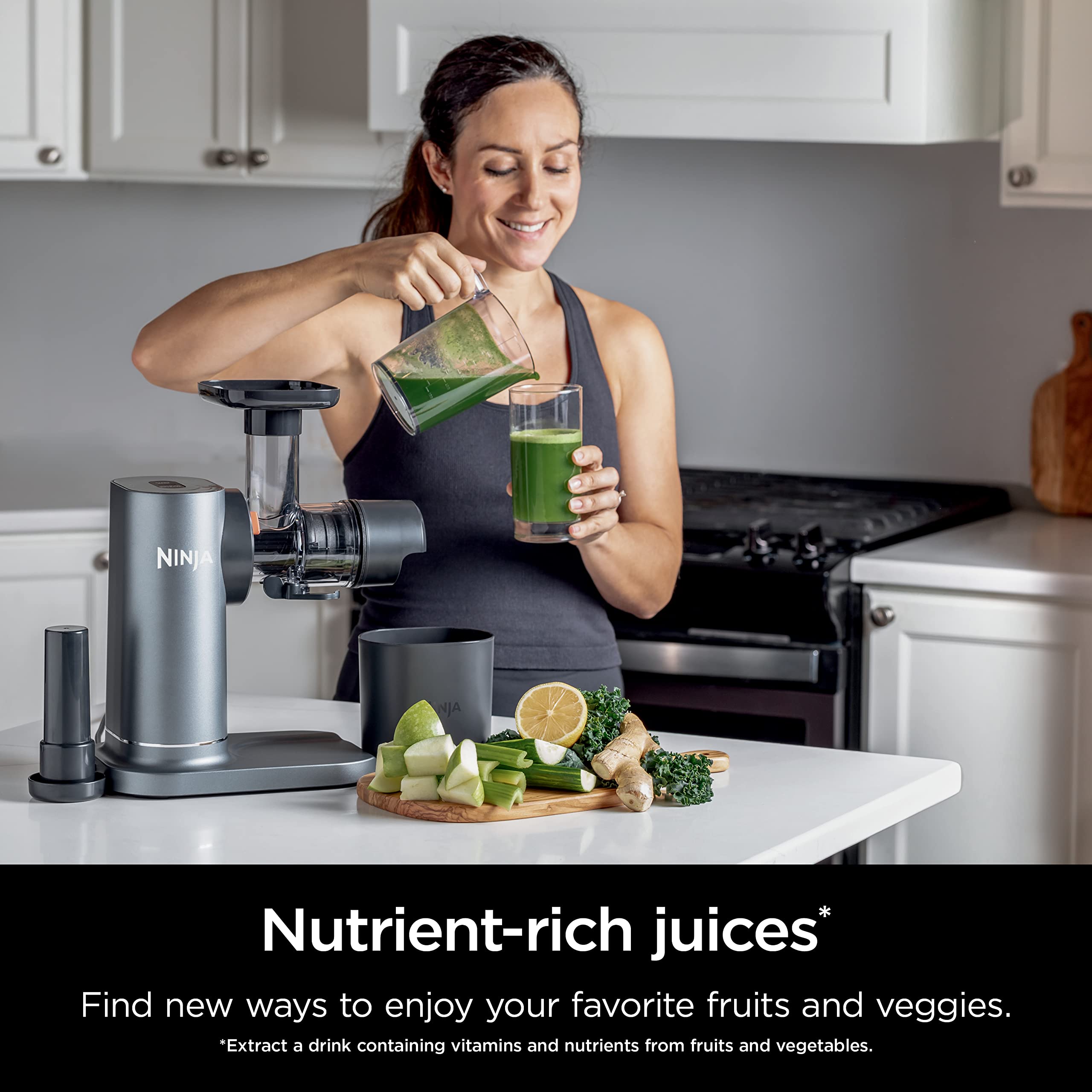 Ninja NeverClog Cold Press Juicer | Powerful Electric Slow Masticating Juicer with Pulp Control | XL Capacity | 24 oz. Juice Jug & 36 oz. Pulp Container | Dishwasher Safe | Charcoal | 150W | JC151