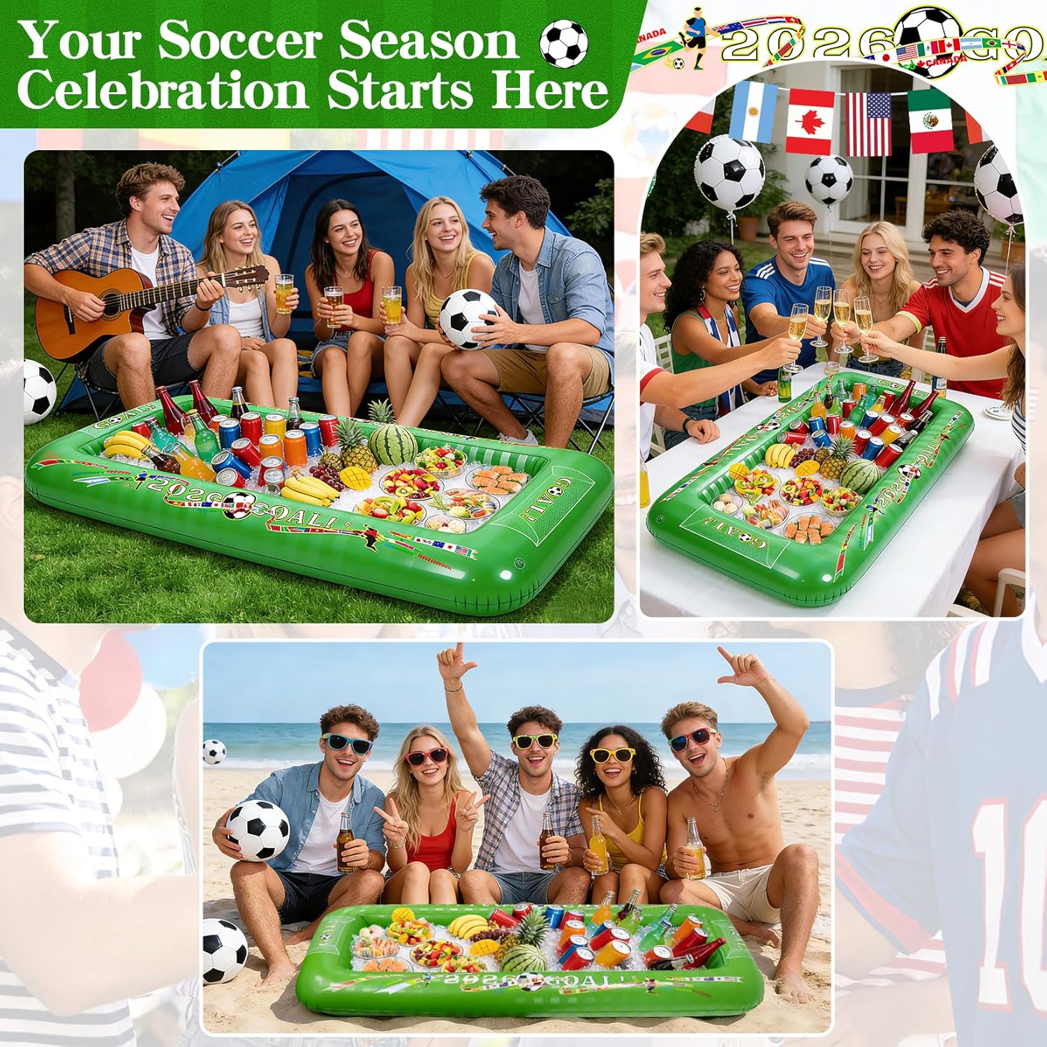 2026 Soccer Party Inflatable Serving Bar | 53" Large Floating Pool Cooler & Buffet Tray for Drinks Food | Outdoor Game Day Decorations, PortableTailgating & Birthday Supplies