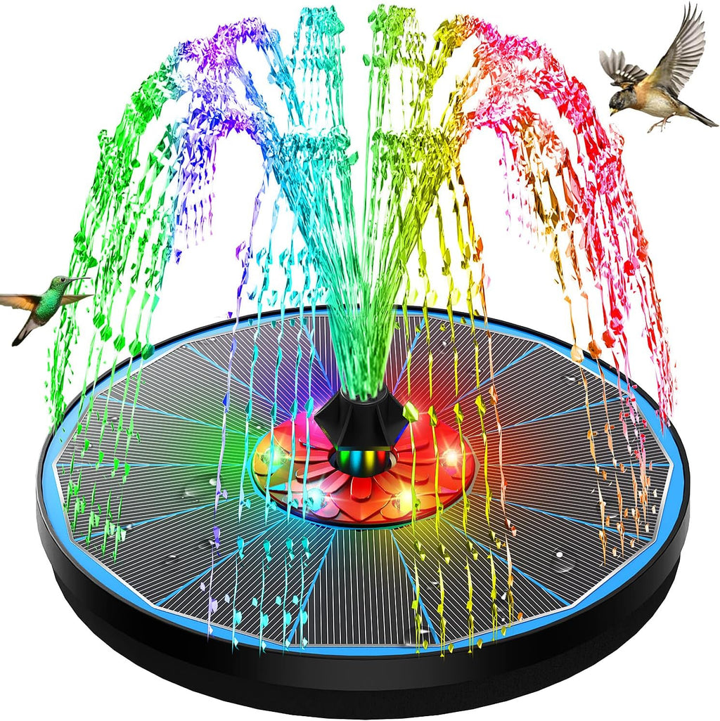Solar Bird Bath Fountain,Upgrade 3.5W Glass Panel Solar Fountain with 2200mAh Backup Battery, Colorful LED Lights,8 Spray Mode, 4 Fixed Rods for Garden, Pond, Pool,Patio Outdoor Water Feature