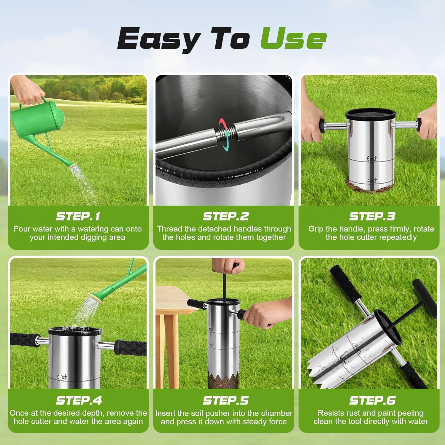 Portable Golf Hole Cutter 4" & 6" Golf Cup Digger, USGA-Standard Detachable Handle Stainless Steel Hole Digger for Backyard, Garden & Outdoor Golf Putting