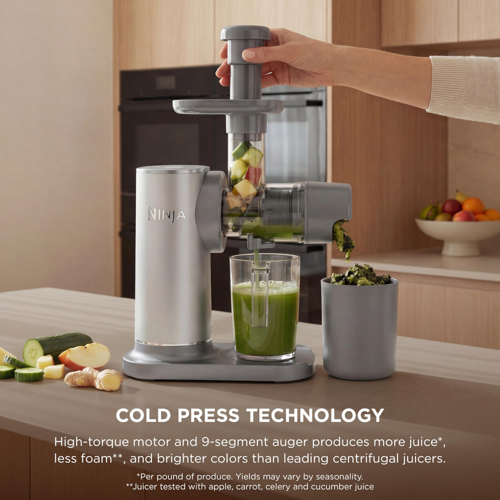 Ninja NeverClog Cold Press Juicer | Powerful Electric Slow Masticating Juicer with Pulp Control | XL Capacity | 24 oz. Juice Jug & 36 oz. Pulp Container | Dishwasher Safe | Charcoal | 150W | JC151
