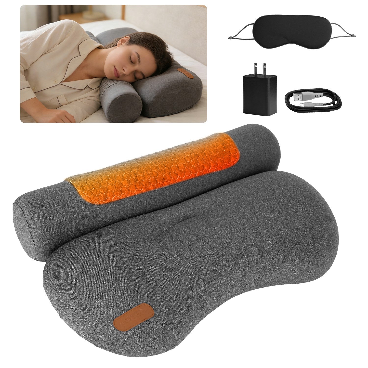 USB Heated Neck Pillow Zero Pressure Memory Foam Cervical Neck Pillow Heated Bed Pillow with Eye Mask Adapter for Pain Relief