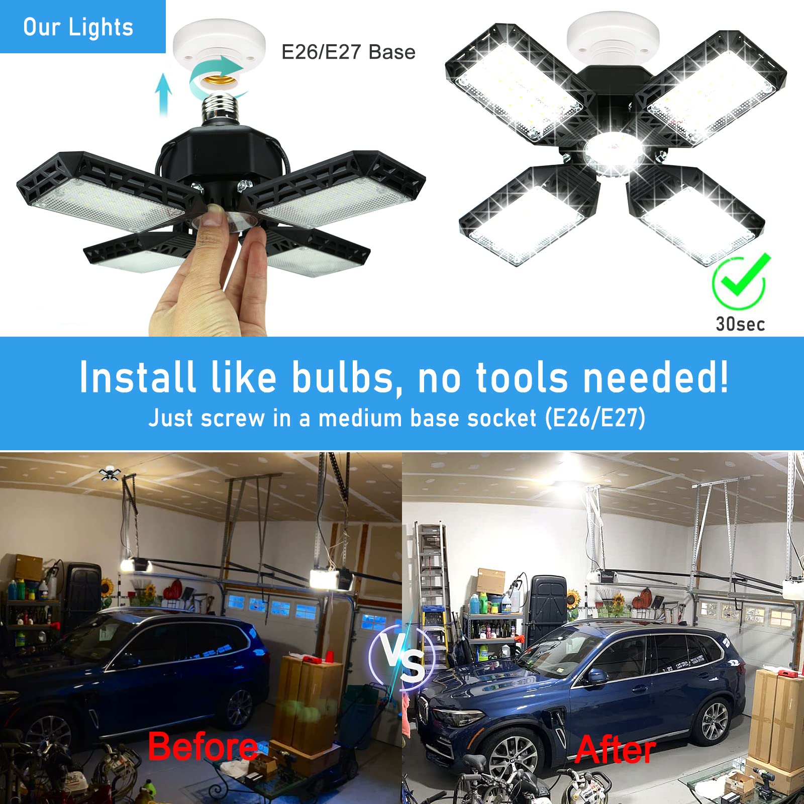 Garage Light,150W Deformable Garage Ceiling Lights,15000Lm, 4 Adjustable Panels,