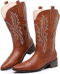 Cowboy Boots for Women, Mid Calf Pointed Toe Chunky Heel Side Zip Western Cowgirl Boots Retro Country Vintage Fashion Boots
