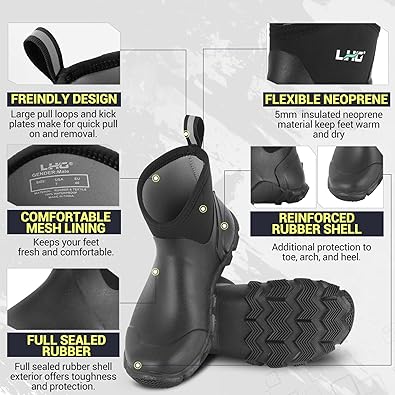 LHG Men's 6'' Ankle Garden Boots Rubber Rain Boots Waterproof Insulated Neoprene Mud Boot for Outdoor Farming Lawn Chore Yard Hunting