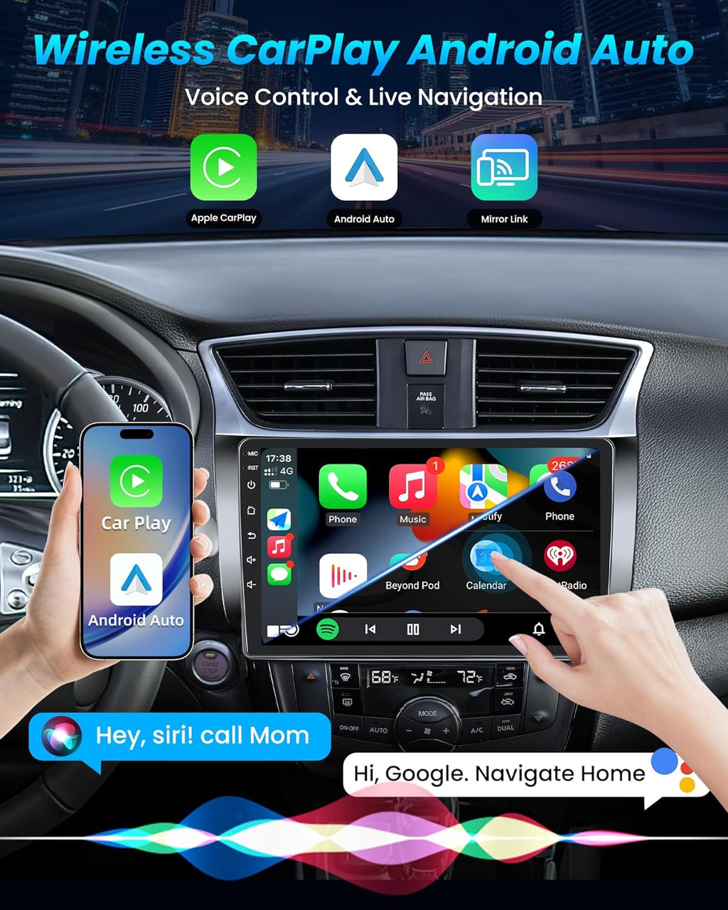 Upgrade Stereo for Nissan Sentra Radio 2013-2017: 10Inch HD Touchscreen Stereo with Wireless Carplay Android Auto Support 5G WiFi GPS Bluetooth FM SWC Mirror Link 1080P Backup Camera
