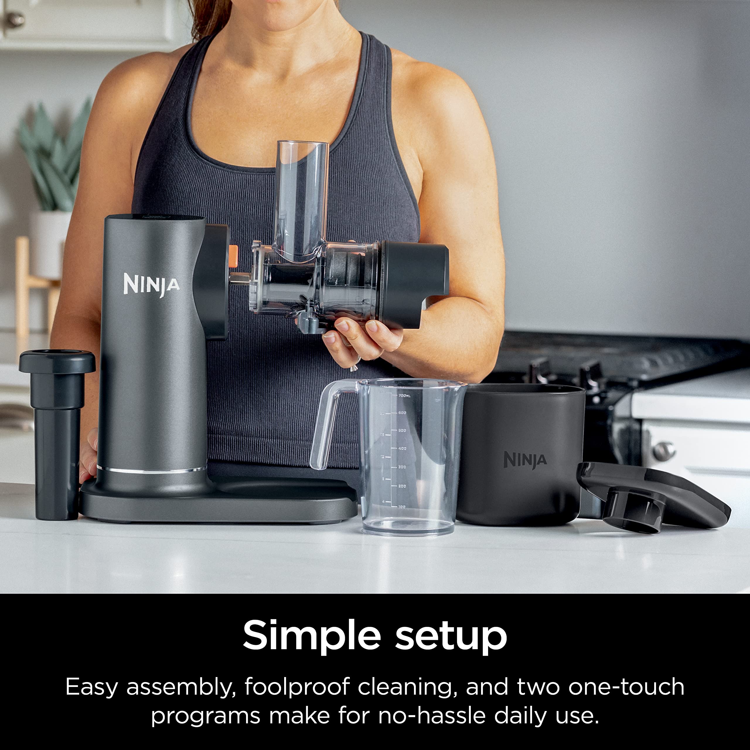 Ninja NeverClog Cold Press Juicer | Powerful Electric Slow Masticating Juicer with Pulp Control | XL Capacity | 24 oz. Juice Jug & 36 oz. Pulp Container | Dishwasher Safe | Charcoal | 150W | JC151