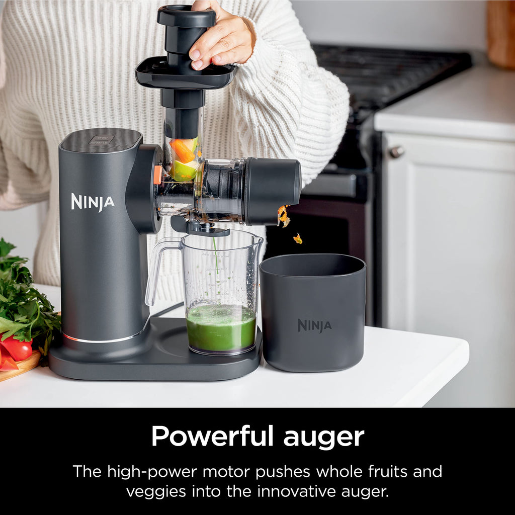 Ninja NeverClog Cold Press Juicer | Powerful Electric Slow Masticating Juicer with Pulp Control | XL Capacity | 24 oz. Juice Jug & 36 oz. Pulp Container | Dishwasher Safe | Charcoal | 150W | JC151