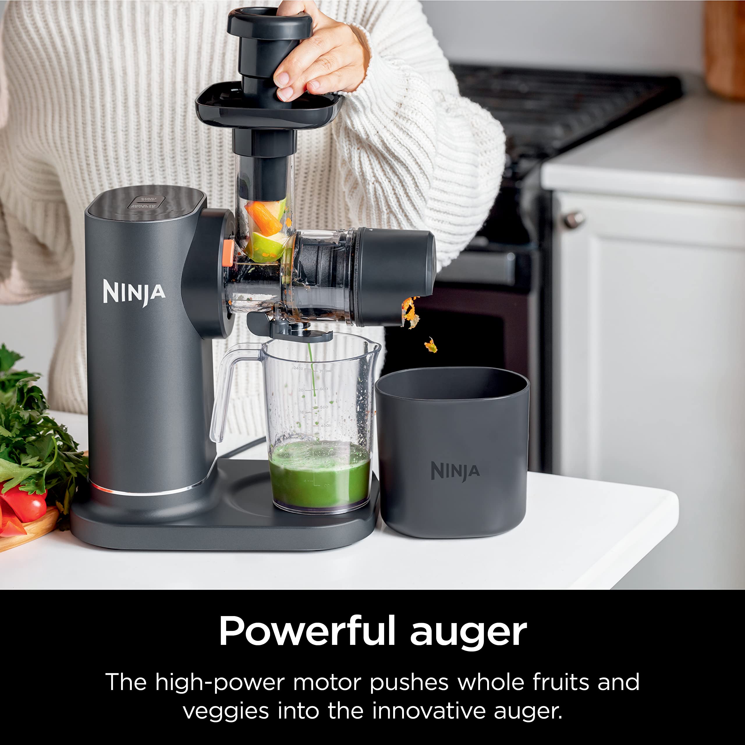 Ninja NeverClog Cold Press Juicer | Powerful Electric Slow Masticating Juicer with Pulp Control | XL Capacity | 24 oz. Juice Jug & 36 oz. Pulp Container | Dishwasher Safe | Charcoal | 150W | JC151