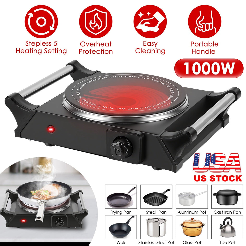 1000W Electric Single Burner Portable Heating Hot Plate Stove Countertop RV Hotplate with 5 Temperature Stepless Adjustments Portable Handles