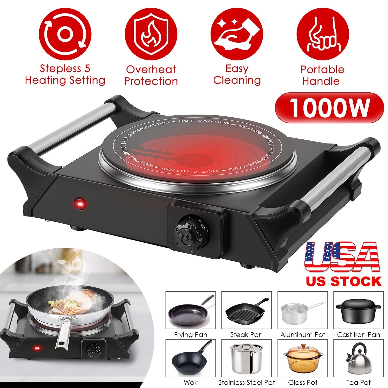 1000W Electric Single Burner Portable Heating Hot Plate Stove Countertop RV Hotplate with 5 Temperature Stepless Adjustments Portable Handles
