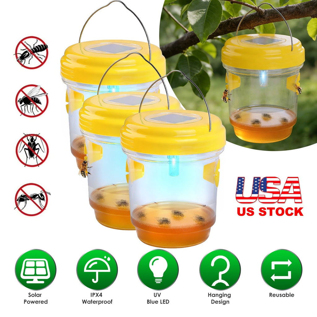 3Pack Solar Wasp Traps Outdoor Hanging Insect Catchers with UV Light for Paper Wasps Yellow Jackets Small Hornets Fruit Flies House Flies