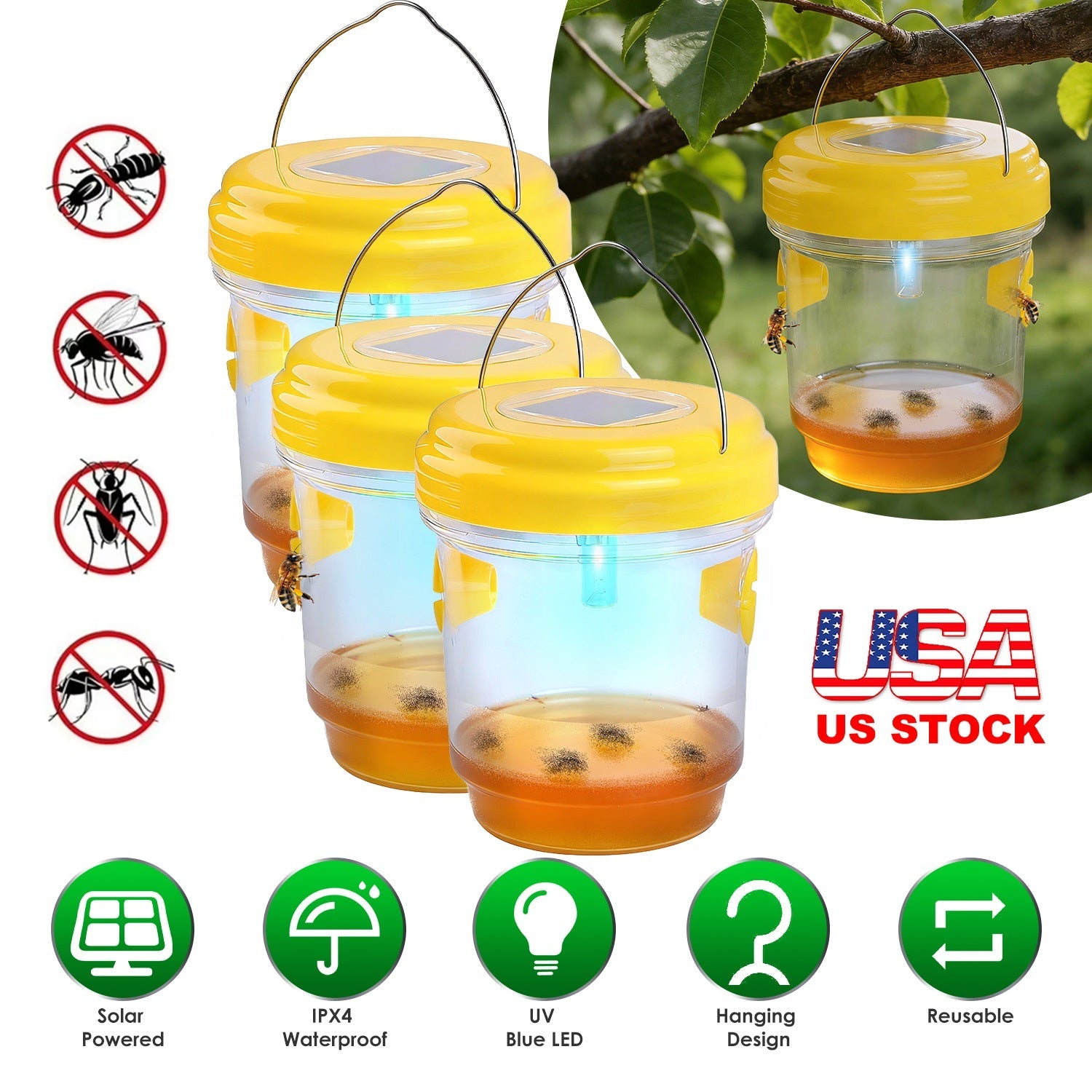 3Pack Solar Wasp Traps Outdoor Hanging Insect Catchers with UV Light for Paper Wasps Yellow Jackets Small Hornets Fruit Flies House Flies
