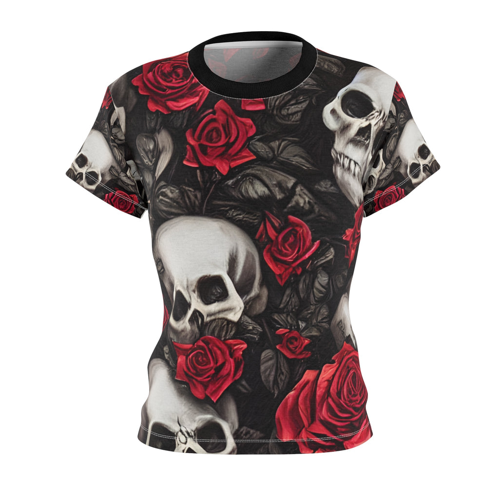 Hyper Realistic Skulls and Red Roses by artist Anne-Laure Goupil Women's Cut & Sew Tee (AOP)
