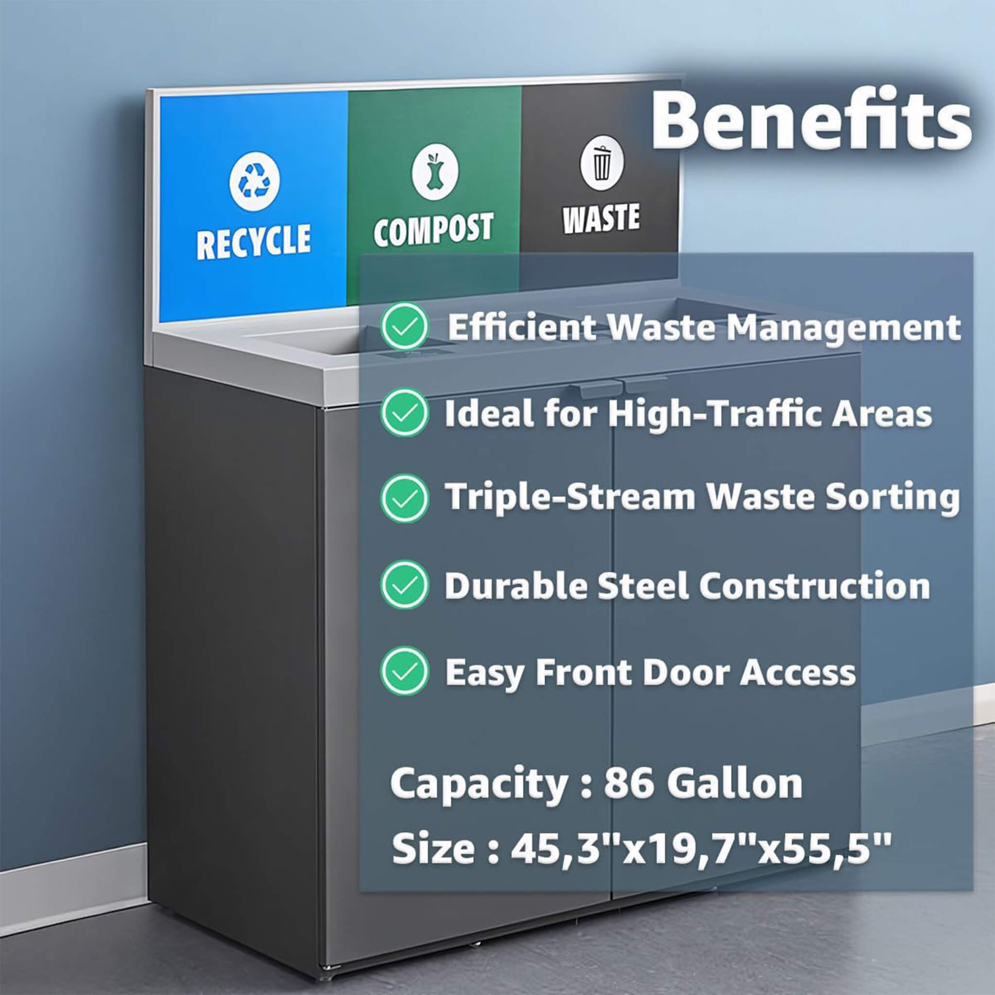 86-Gallon Heavy-Duty Commercial Steel Three-Stream Trash Can Cabinet With Panel (SAK96241)