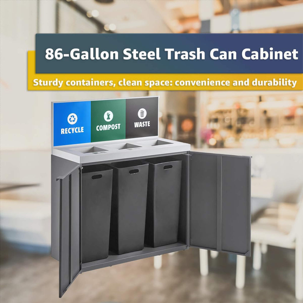 86-Gallon Heavy-Duty Commercial Steel Three-Stream Trash Can Cabinet With Panel (SAK96241)