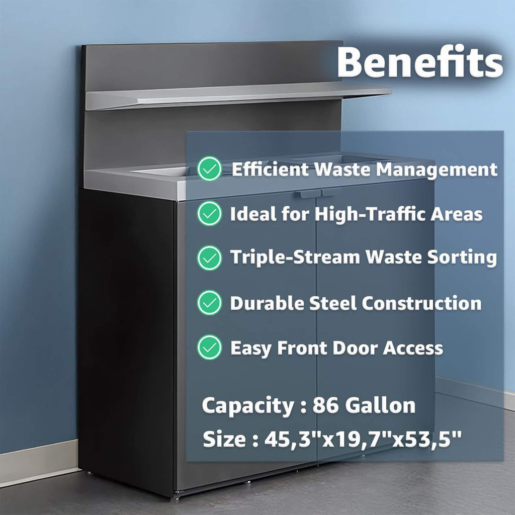 86-Gallon Heavy-Duty Commercial Steel Three-Stream Trash Can Cabinet With Tray Holder (SAK31860)