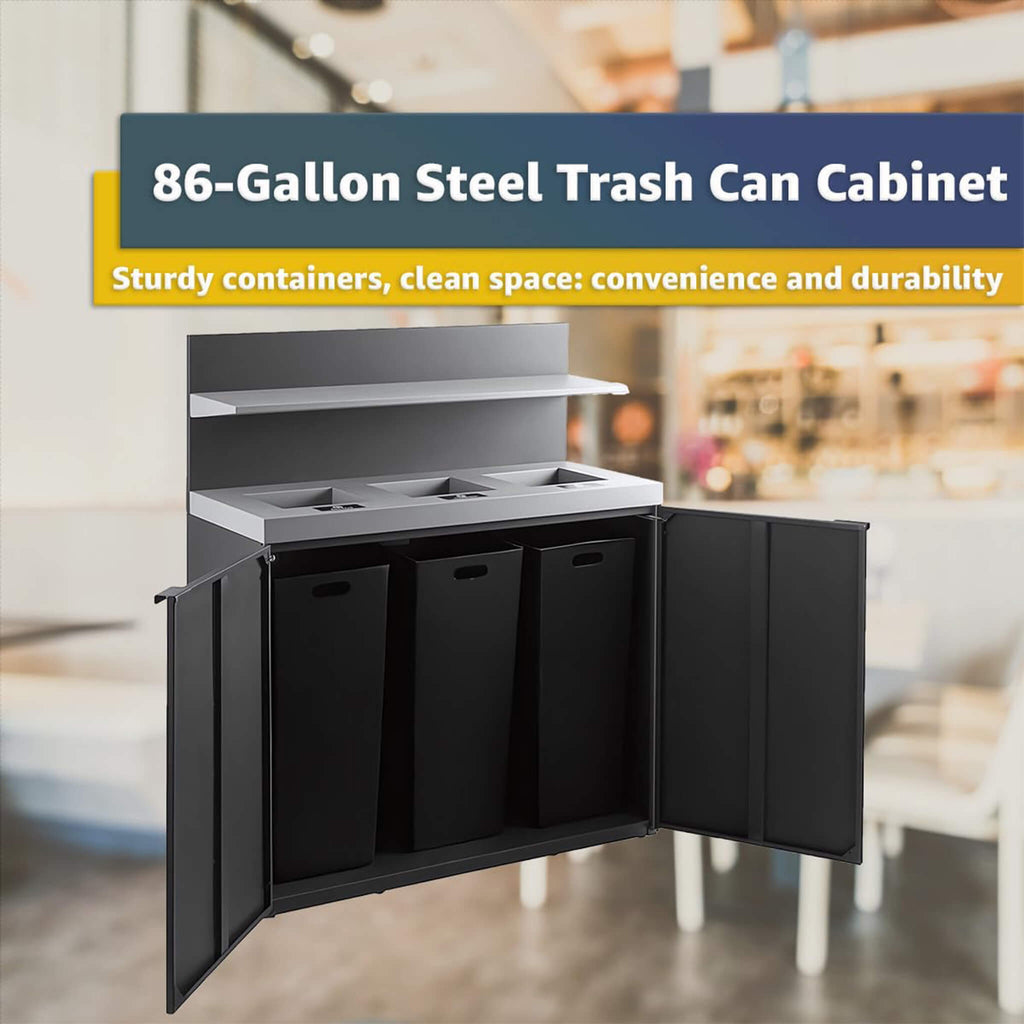 86-Gallon Heavy-Duty Commercial Steel Three-Stream Trash Can Cabinet With Tray Holder (SAK31860)