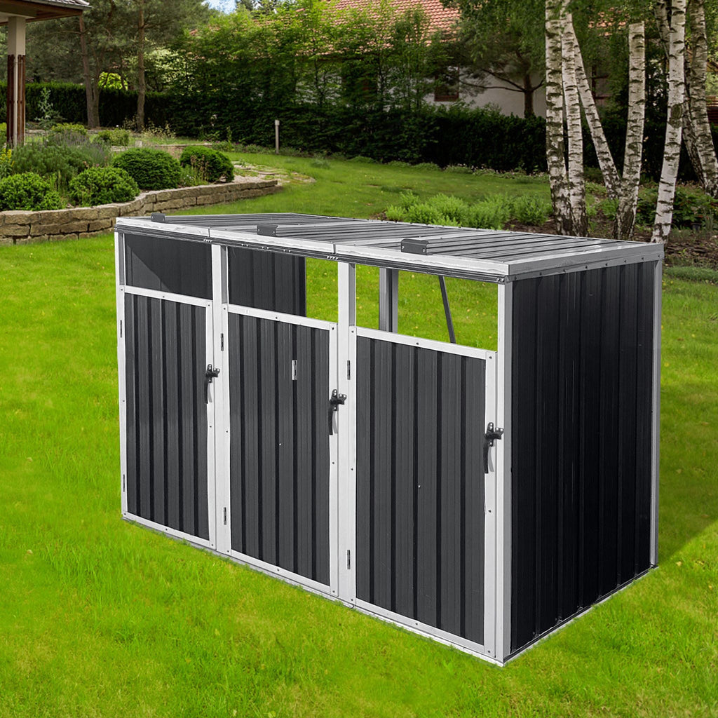 87-Inch Extra Large Heavy-Duty Outdoor Metal Garbage Bin Shed For 3 Trash Cans (SAK34981)