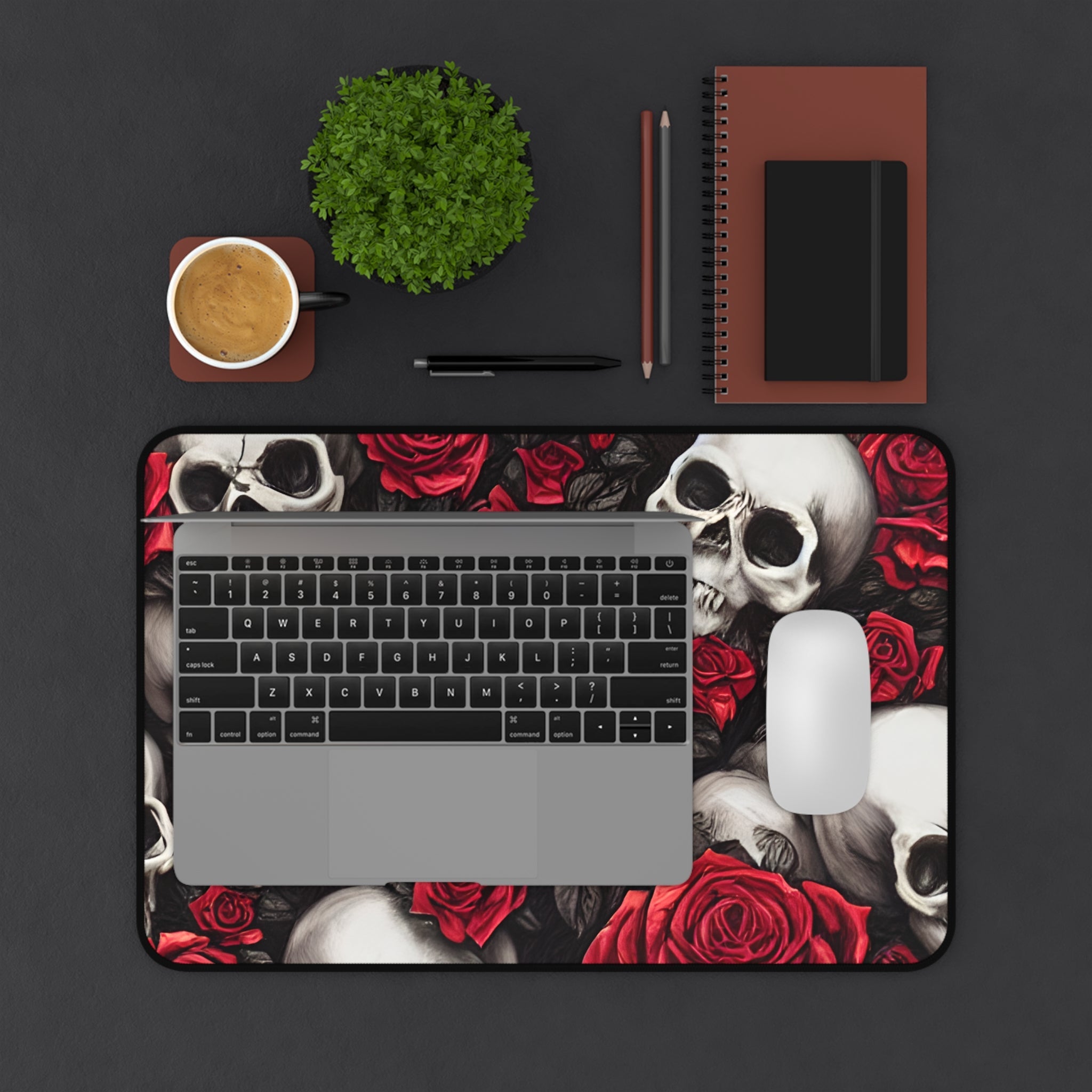 Hyper Realistic Skulls and Red Roses by artist Anne-Laure Goupil Desk Mat