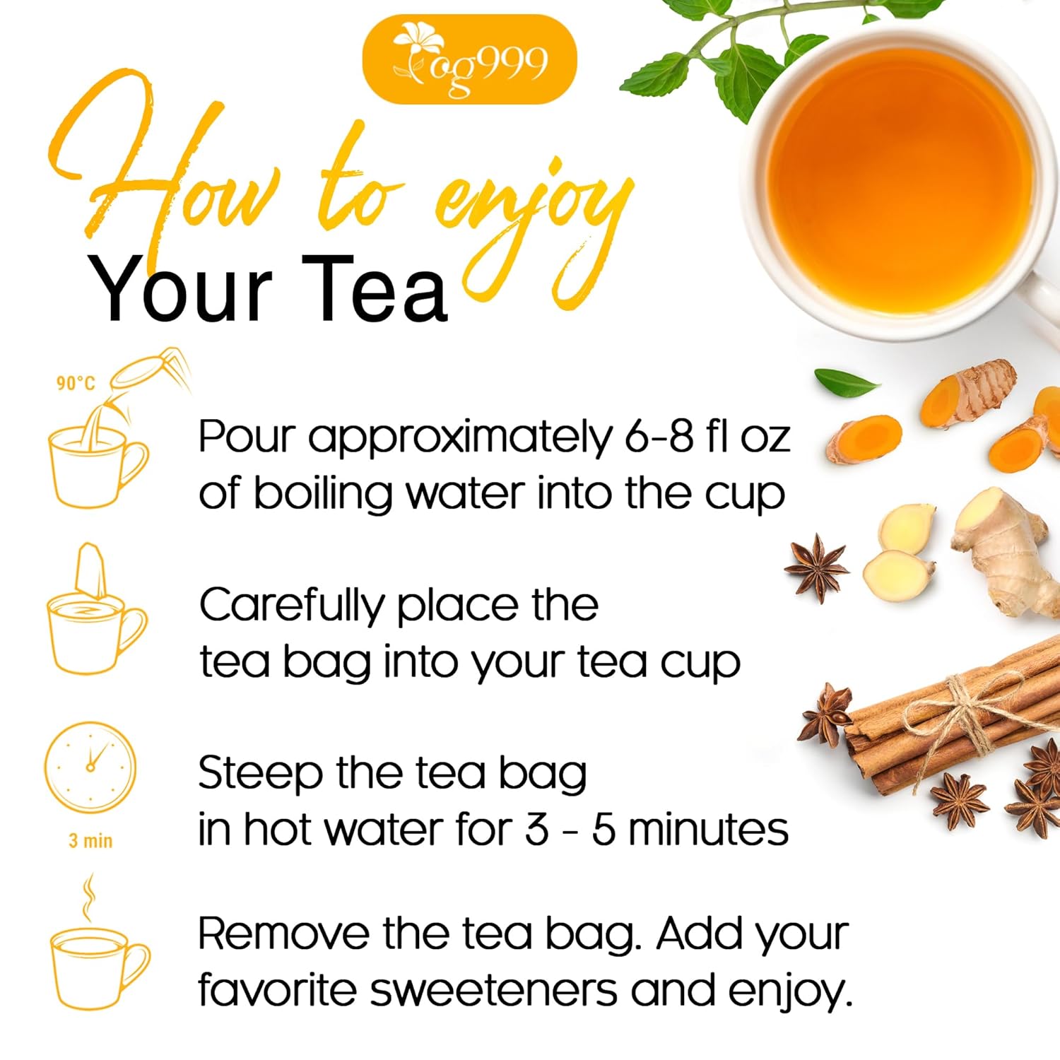 Premium Ginger, Turmeric and Cinnamon, Hand-made Blend of Ginger, Turmeric, Cinnamon, Orange Peel, Black Pepper, Hawthorn Berry and Jasmine.