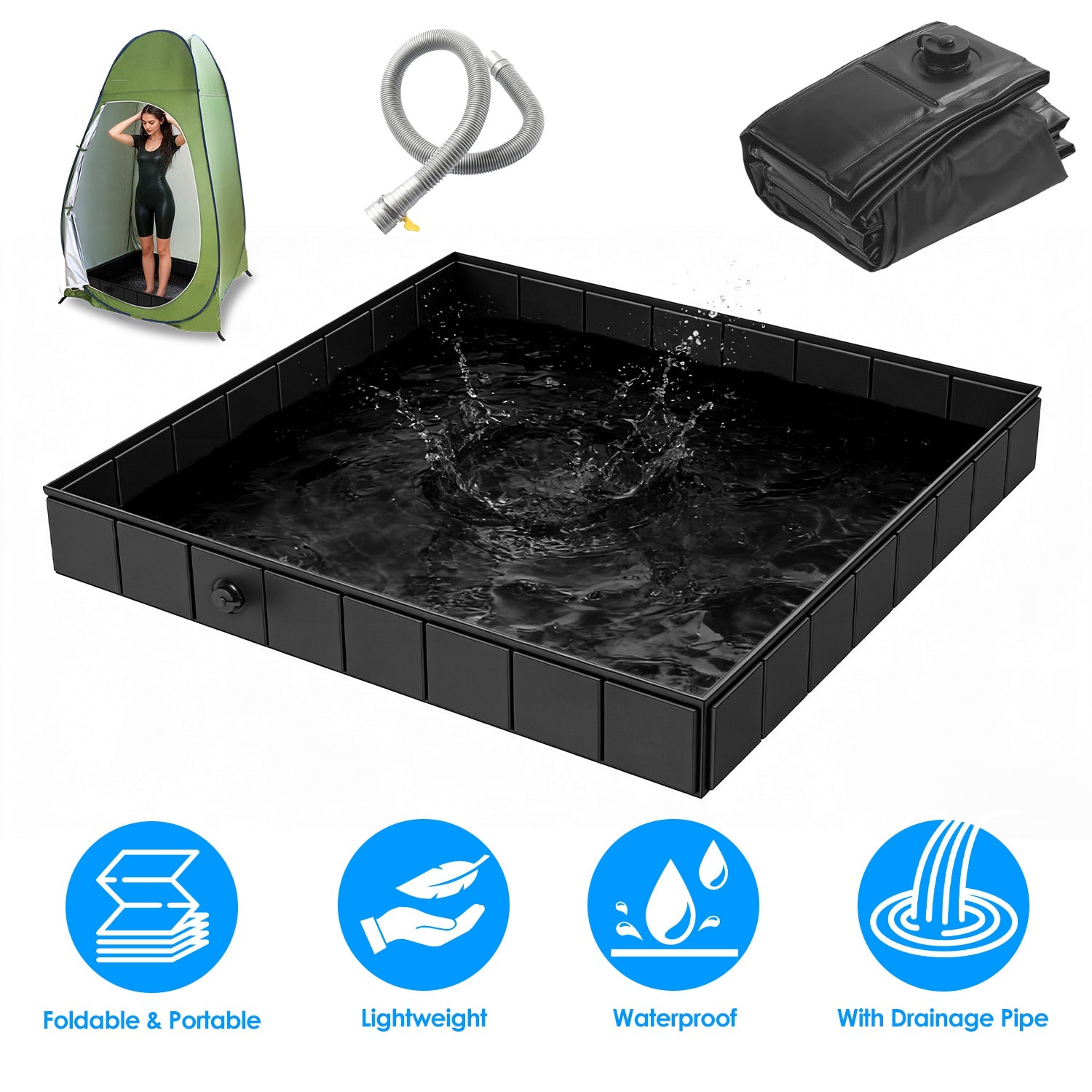 41x41x5.5in Portable Shower Pan Foldable Shower Basin Collapsible Camping Shower Tent Base with Detachable Drain Pipe for Indoor & Outdoor