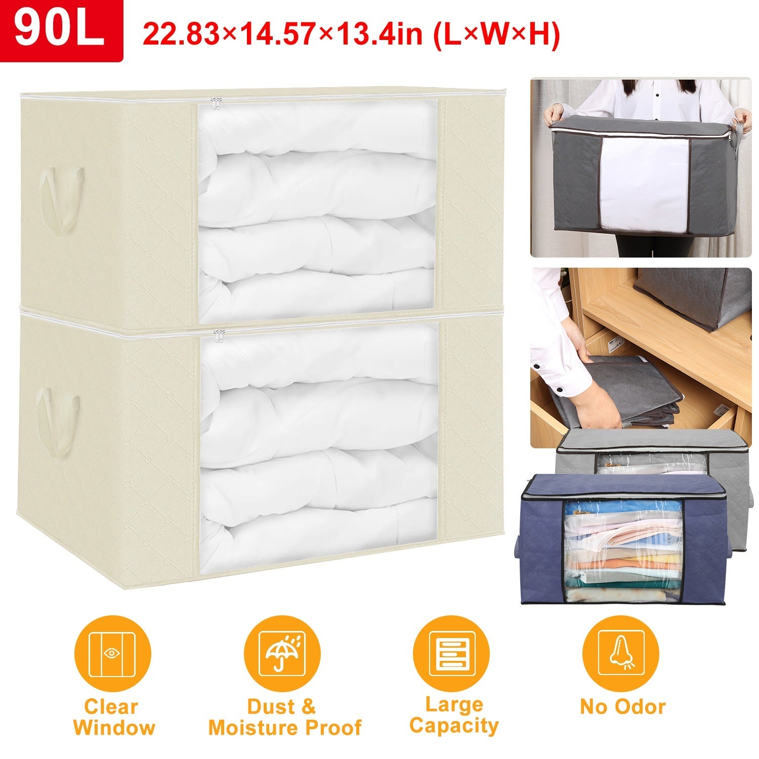 2Pcs Clothes Storage Bag 90L Large Capacity Foldable Closet Organizer with Thick Fabric Clear Window Dual-Zipper for Clothes Comforters Blankets Beddi