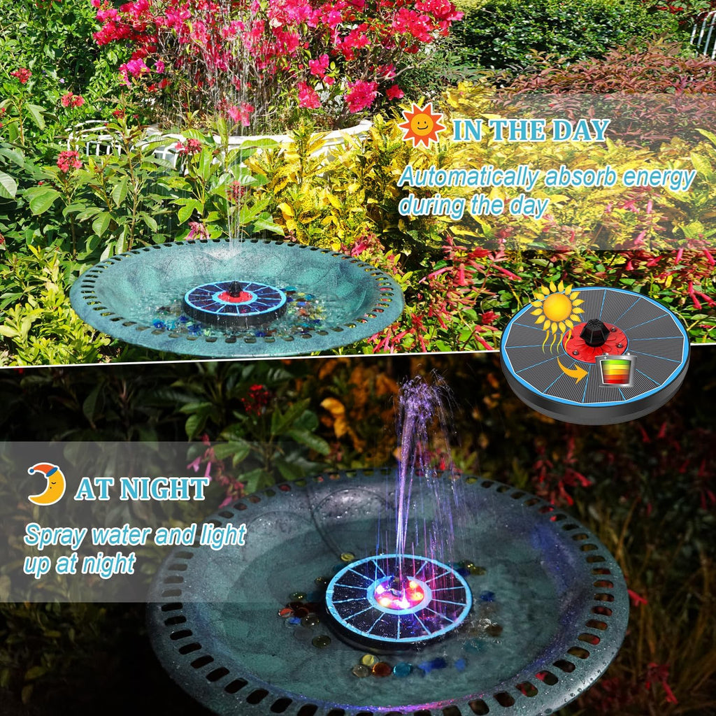Solar Bird Bath Fountain,Upgrade 3.5W Glass Panel Solar Fountain with 2200mAh Backup Battery, Colorful LED Lights,8 Spray Mode, 4 Fixed Rods for Garden, Pond, Pool,Patio Outdoor Water Feature