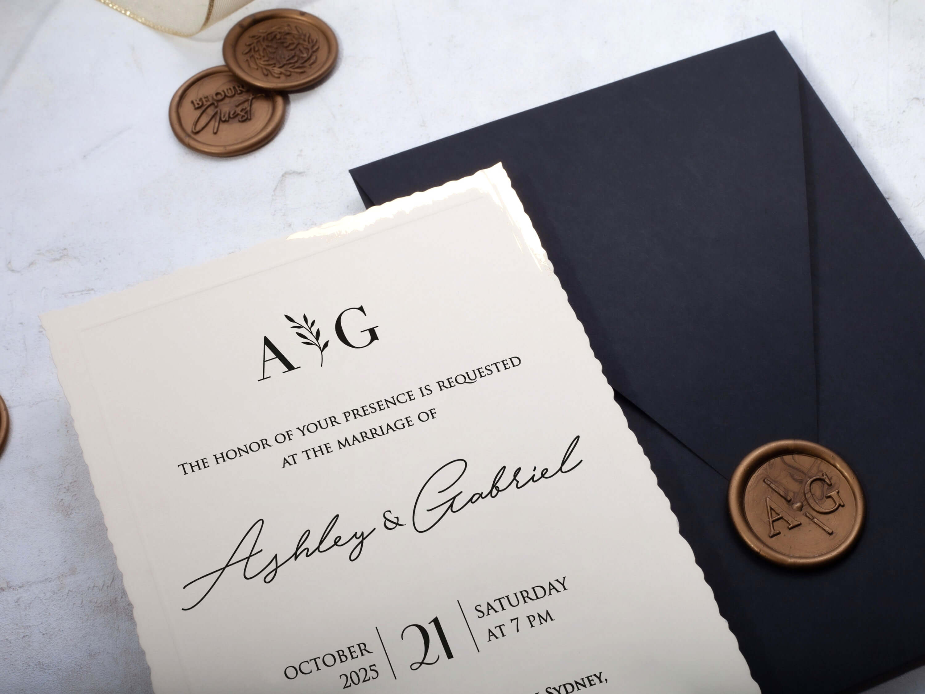 Minimalist Ivory Deckle Edge Wedding Invitation with Black Envelope