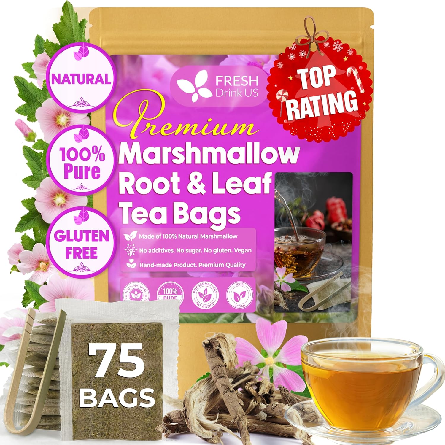 Premium Marshmallow Root and Leaf Tea Bags, 100% Natural & Pure.